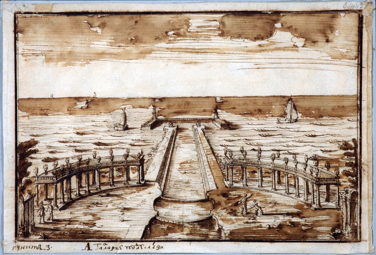 Colonnade ""Curves Gallery"" ved Gateway i Peterhof. Prosjekt - Nicola Michetti (1675-1759). Penn, brunt indisk blekk på papir av Niccolo Michetti