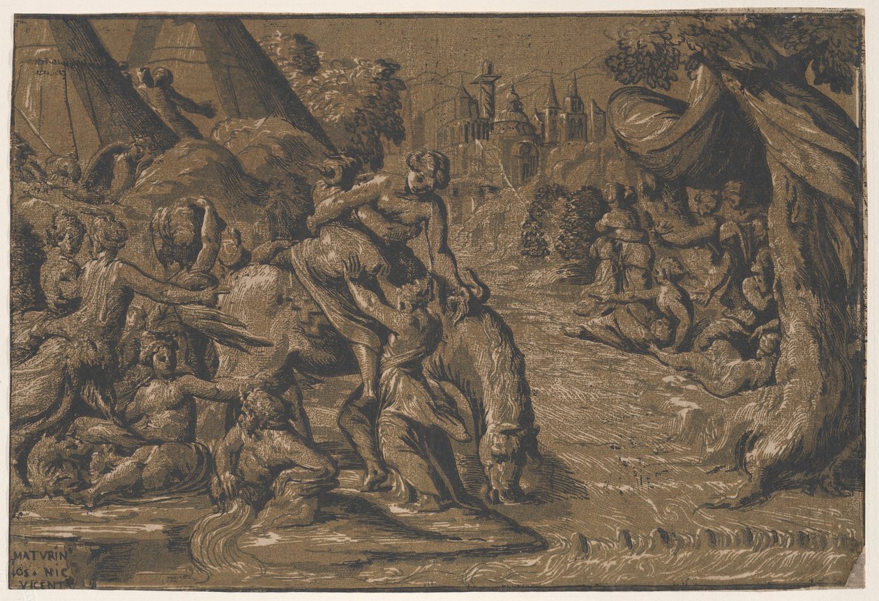 Cloelia den romerske helten i sentrum blir hjulpet opp på en hest, Roma i bakgrunnen,..., 1540-50 av Niccolo Vicentino