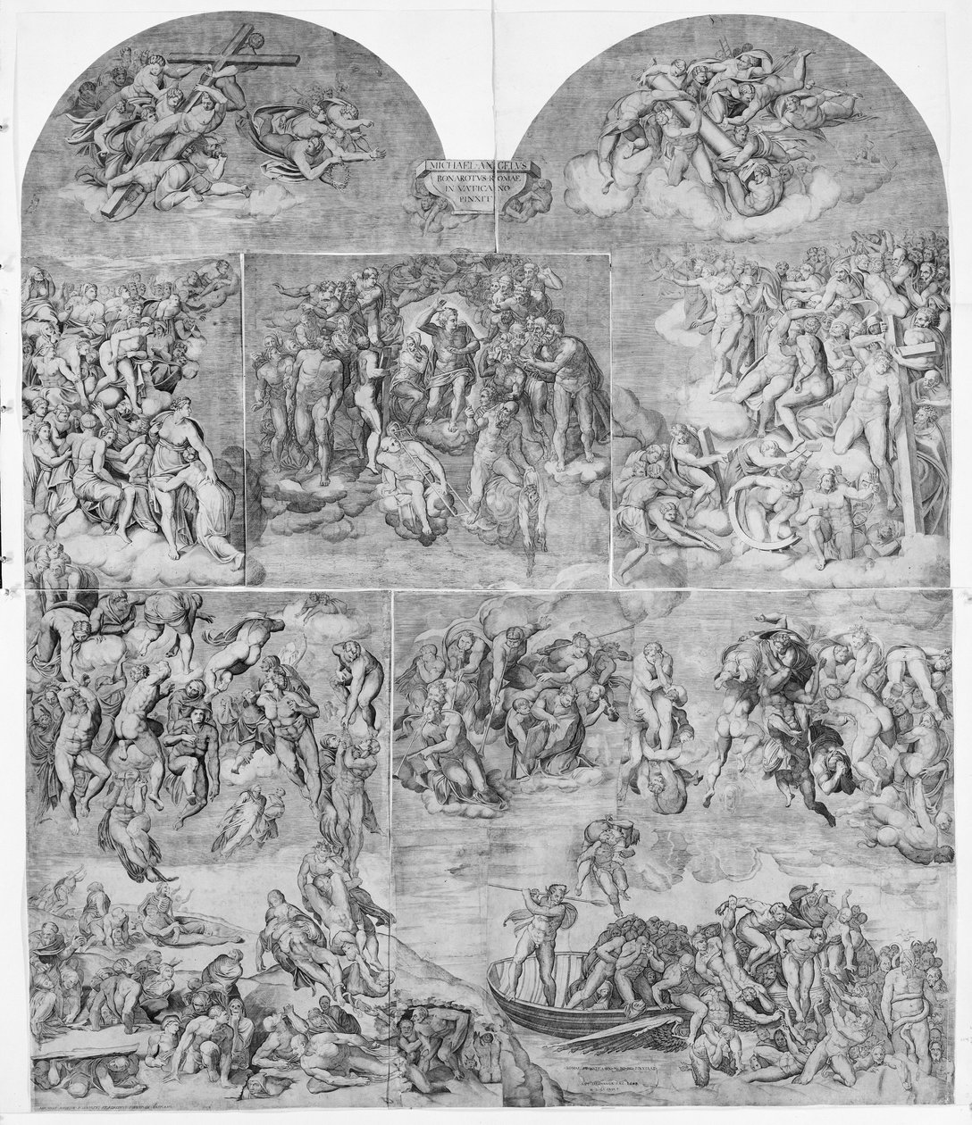 Trompeterende engler og fordømte sjeler blir trukket ned av djevler nedre midt og høyre sek..., 1548. av Niccolo della Casa
