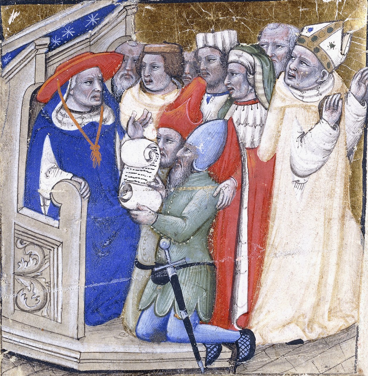 En kardinal som sitter i dom over en biskop, anklaget av to lekmenn, ca. 1380 (maling og bladgull på vellum) av Niccolo di Giacomo