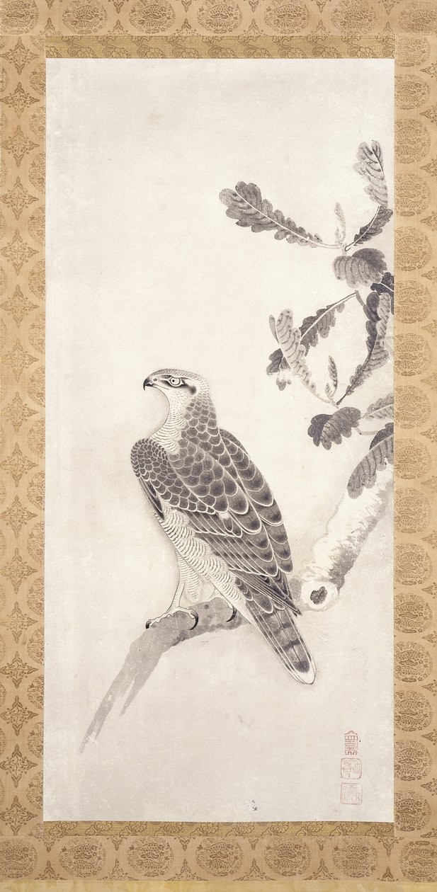 Hawk Perched On A Branch (blekk på papir) av Nichokuan Soga