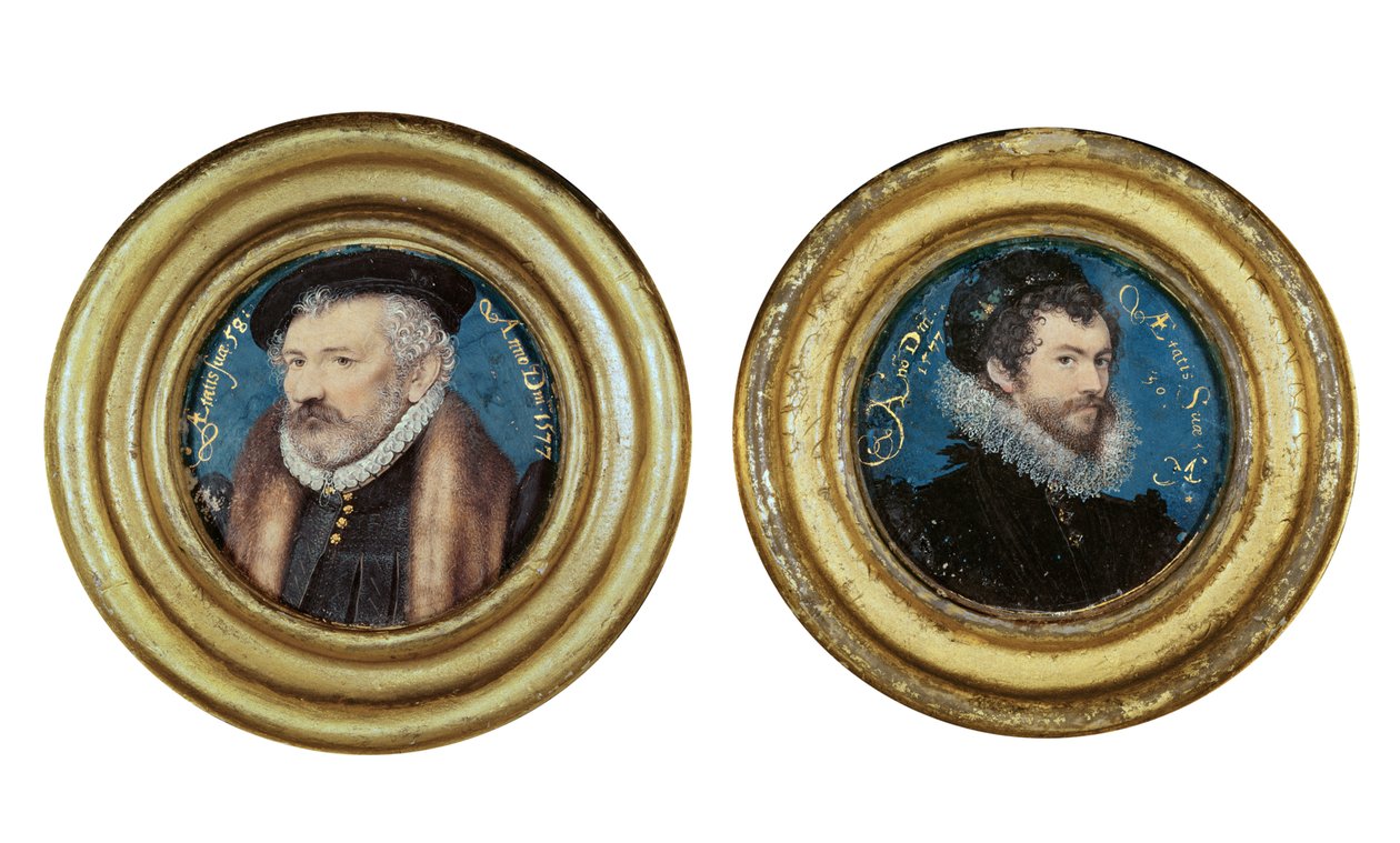 LtoR:Richard Hilliard (151819-94) kunstnerens far, ca. 1577, og selvportrett, 1577 (wc på vellum lagt på kortet) av Nicholas Hilliard