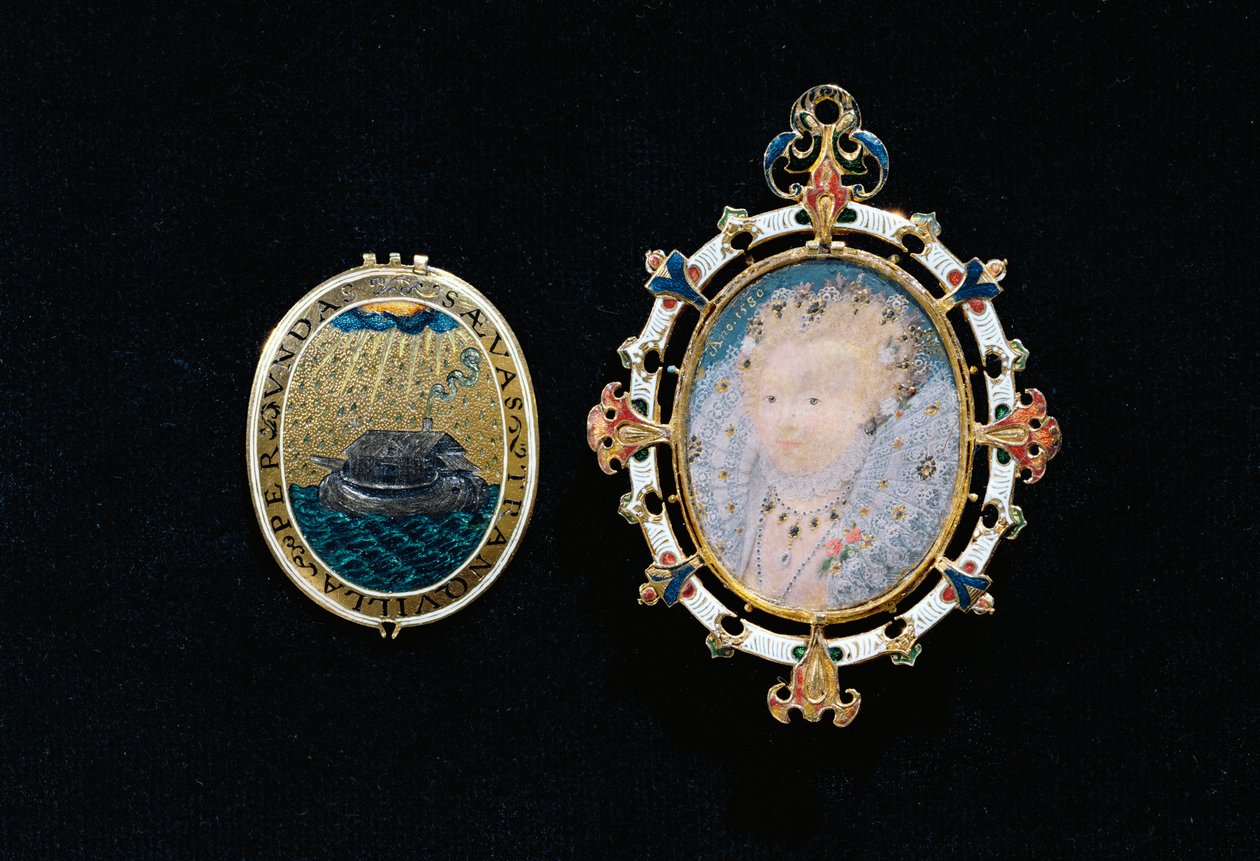 Heneage-juvelen eller Armada-juvelen, miniatyr av dronning Elizabeth I innelukket i et juveletuiet, ca. 1595 (emaljert gull, bordslipte diamanter, burmesiske rubiner, bergkrystall og en miniatyr) av Nicholas Hilliard