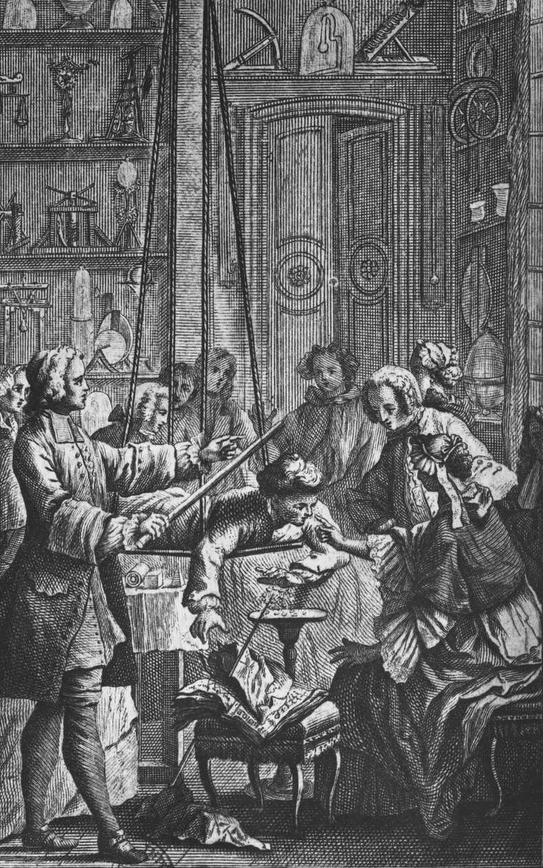 Elektrisk eksperiment laget på en mann av Abbe Jean Antoine Nollet (1700-70) i et fysikerkabinett, frontispice-illustrasjon fra 
