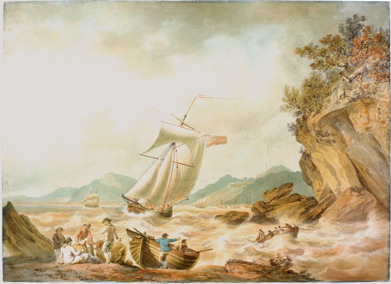Kystscene med frakt (blyant og akvarell om bord) av Nicholas Pocock
