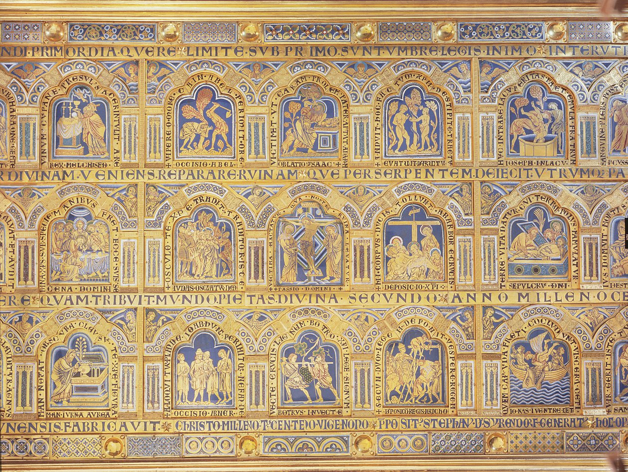 Verdun-alteret, som viser bibelske scener, 1181 (champleve-emaljeverk) (sentral del av sentralpanelet) (for andre paneler, se 146819-822) av Nicholas of Verdun