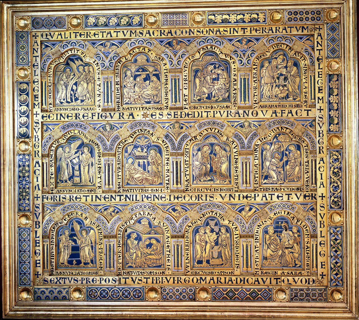 Verdun-alteret, som viser bibelske scener, 1181 (champleve-emaljearbeid) (venstre panel) (se 146820-146822) av Nicholas of Verdun