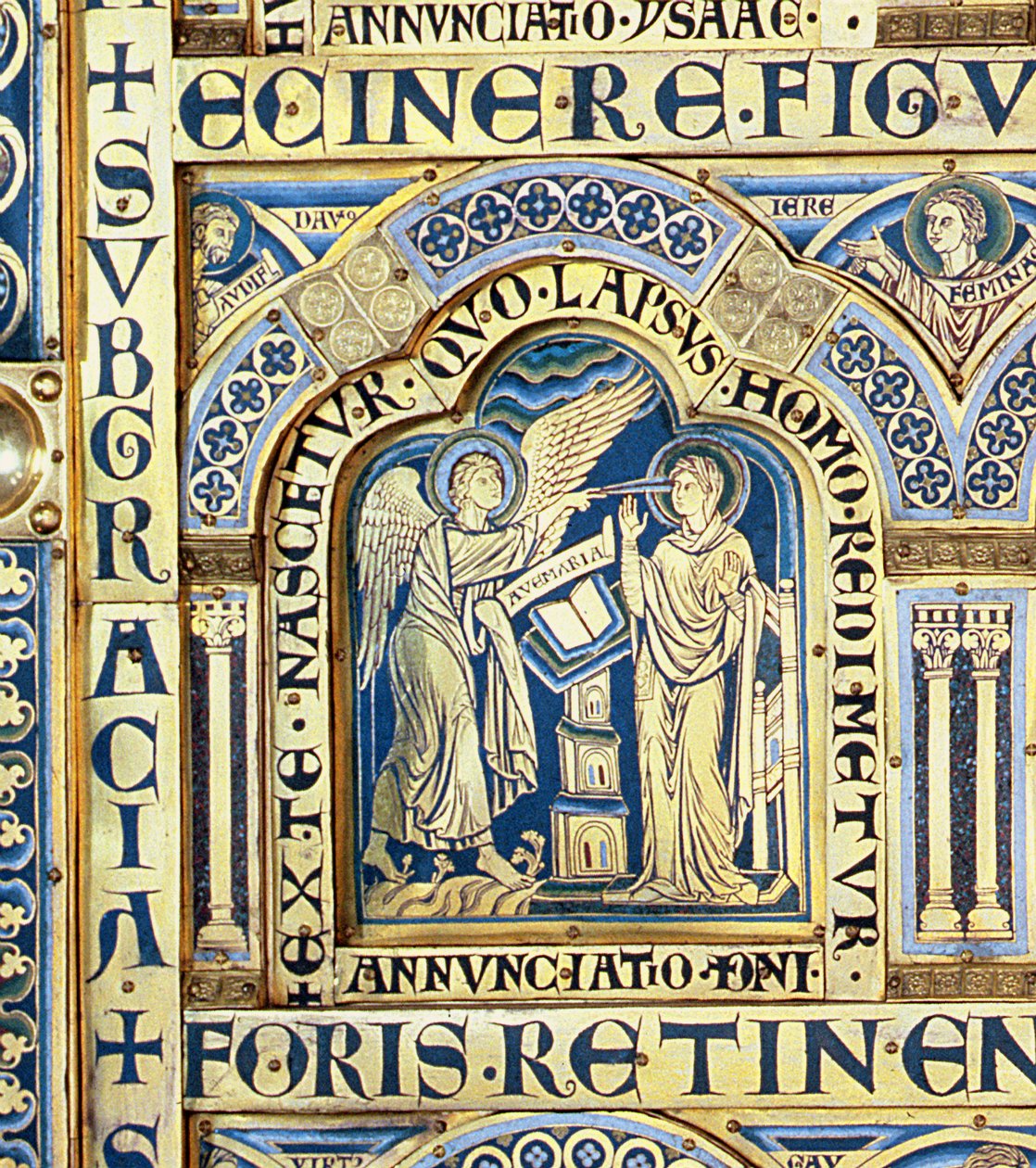 Verdun-alteret, som viser bibelske scener, 1181 champleve emaljeverk venstre paneldetalj av 146819 av Nicholas of Verdun
