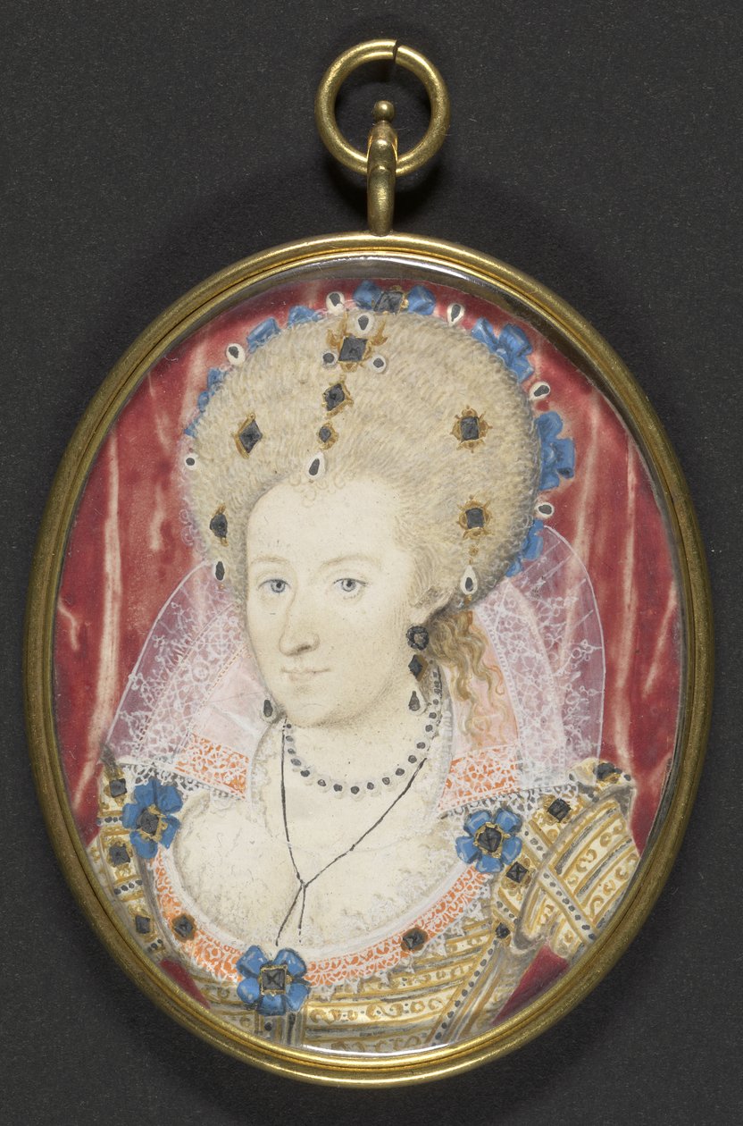Anne av Danmark, ca. 1600 (gouache på vellum lagt på kort) av Nicholas (studio of) Hilliard