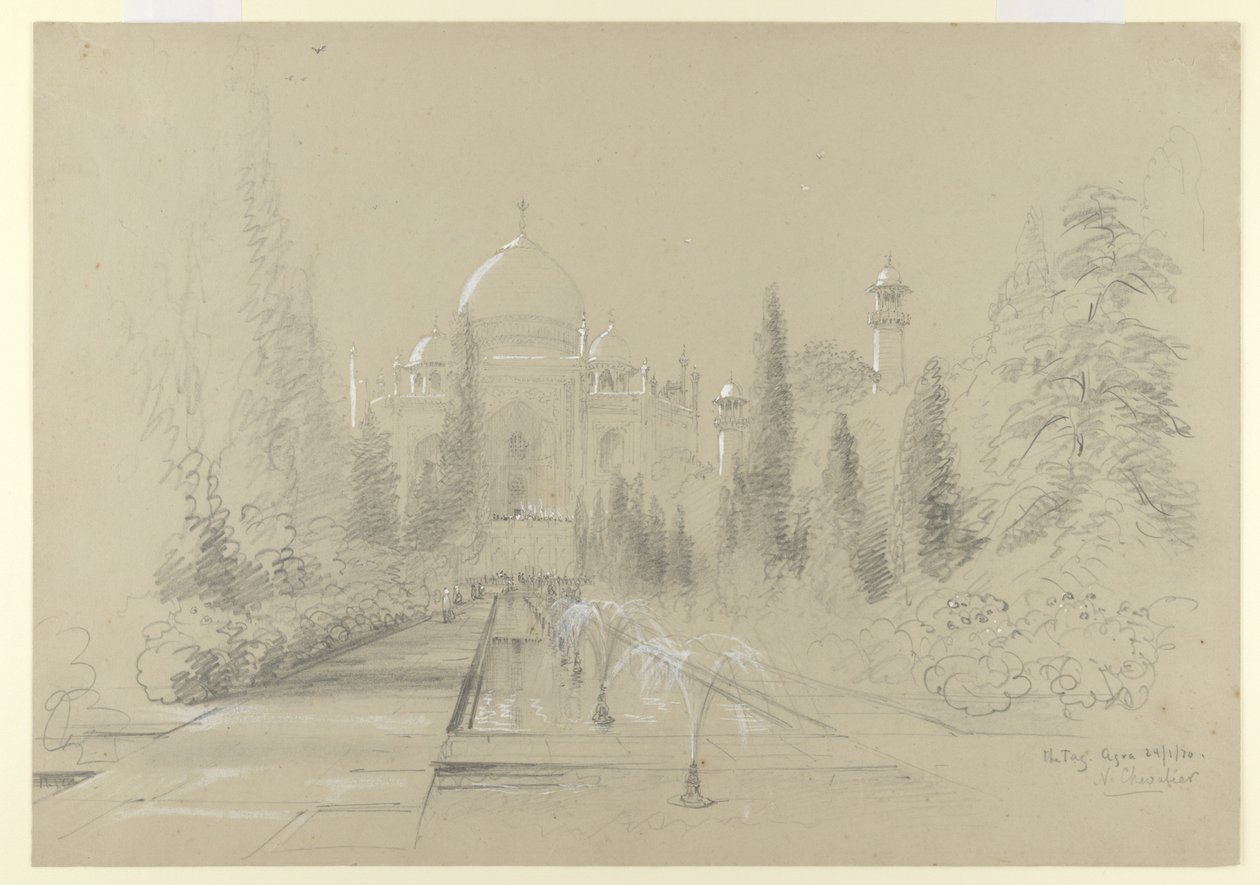 Taj Mahal, Agra, 24. januar 1870 (blyant med hvit forhøyning på papir) av Nicholas Chevalier