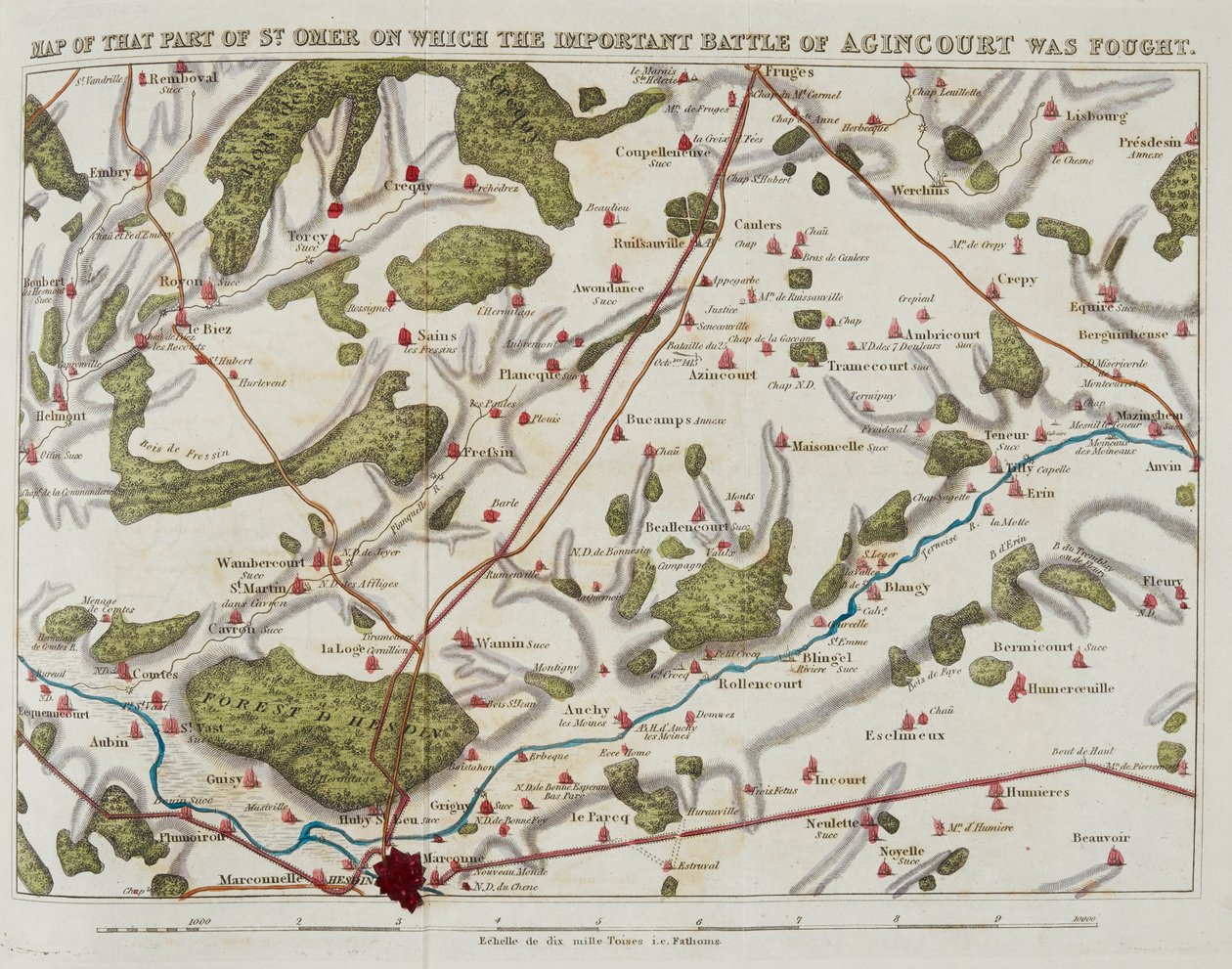 Kart over den delen av St. Omer som det viktige slaget ved Agincourt ble utkjempet på, illustrasjon fra 'The History of Agincourt; og ekspedisjonen til Henrik den femte inn i Frankrike ...' av Nicholas Harris Nicolas