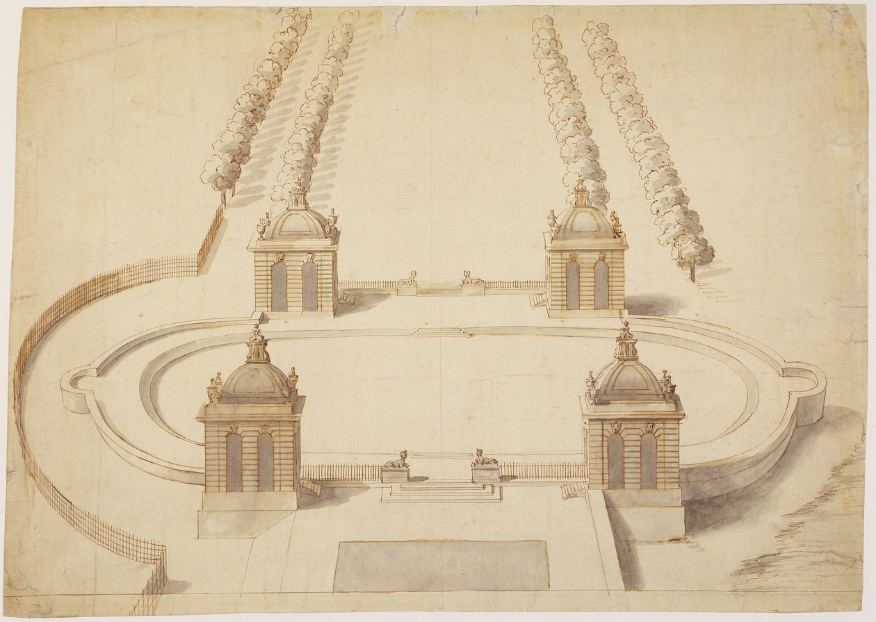 Design for en Bowling Green, Hampton Court, ca. 1689-91 (penn og brunt blekk, vask og grafitt på papir) av Nicholas Hawksmoor