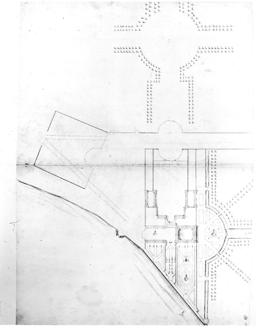 Områdeplan for plan I, Hampton Court, 1689 (penn og blekk og blyant på papir) av Nicholas Hawksmoor