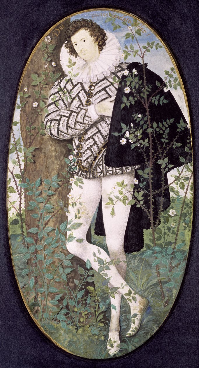 En ung mann som lener seg mot et tre blant roser (kroppsfarge på vellum) av Nicholas Hilliard