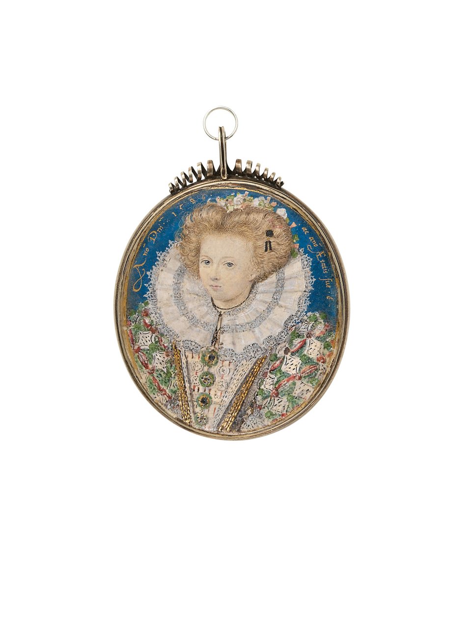En jente fra det elisabethanske hoffet, 6 år, i forseggjort kjole og blonderuff av Nicholas Hilliard