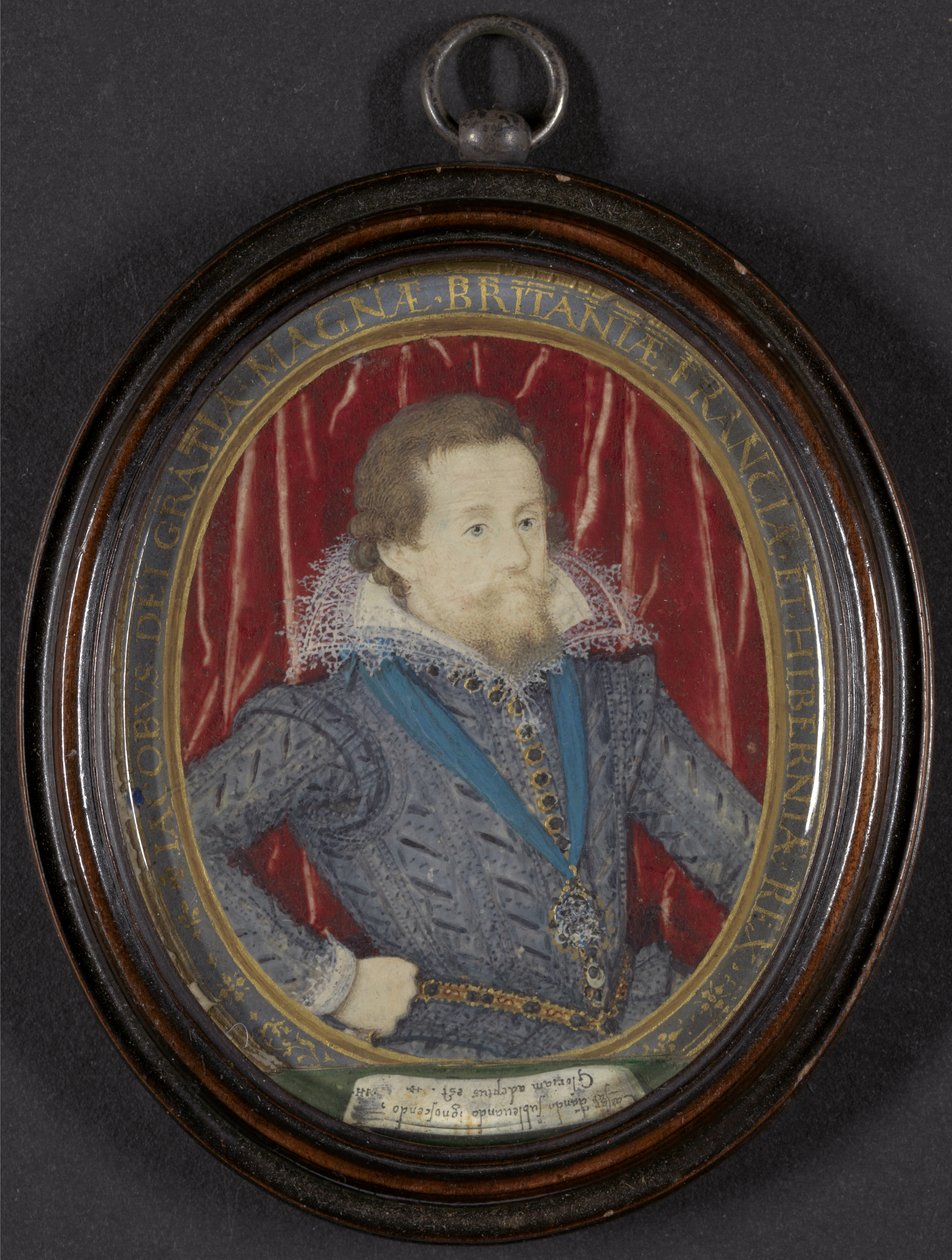 James I av England og VI av Skottland, ca. 1610 (w/c, gouache og gull, penn og svart blekk på vellum) av Nicholas Hilliard