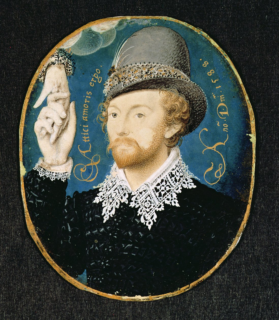 Mann som spenner hånden fra en sky, muligens William Shakespeare, 1588 av Nicholas Hilliard