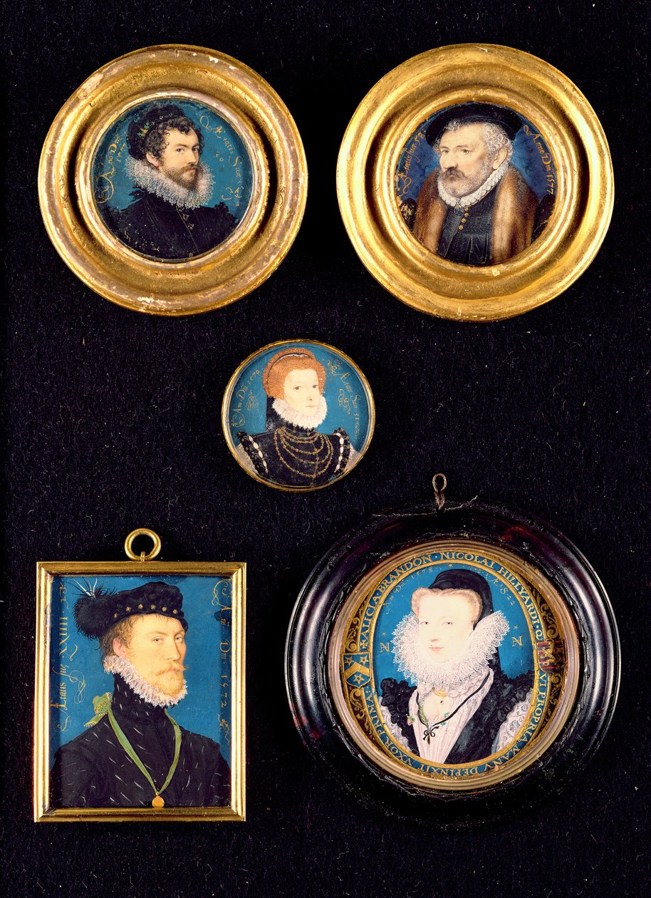 Miniatyrer av Hilliards far og mor, selvportrett og ukjente portretter av mann og kvinne av Nicholas Hilliard
