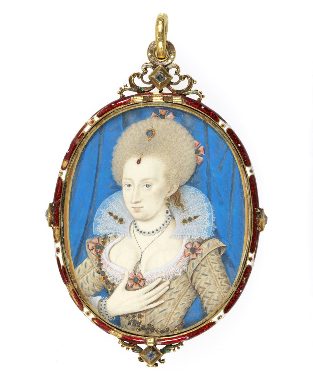 No.3855 Anne av Danmark (1574-1619) kone til kong James I av England, ca. 1610 (vellum på spillekort) (se 109671 for sak) av Nicholas Hilliard