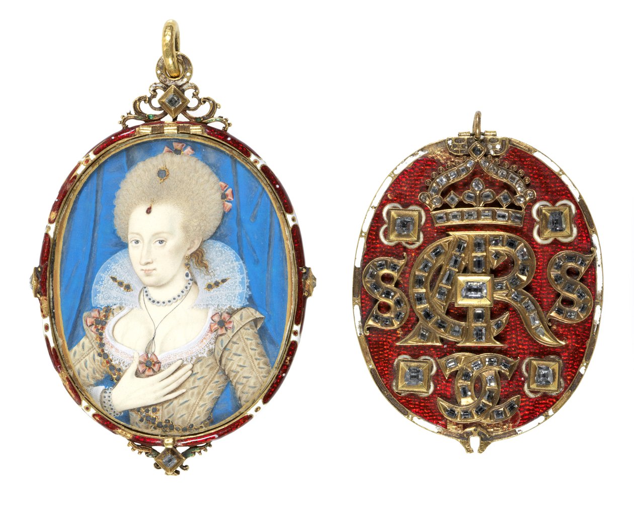 Portrettminiatyr av dronning Anne av Danmark (1574-1619) med juvelbelagt omslag, ca. 1611 (wc på vellum, emaljert gullramme satt med borddiamanter) (se også 69710) av Nicholas Hilliard