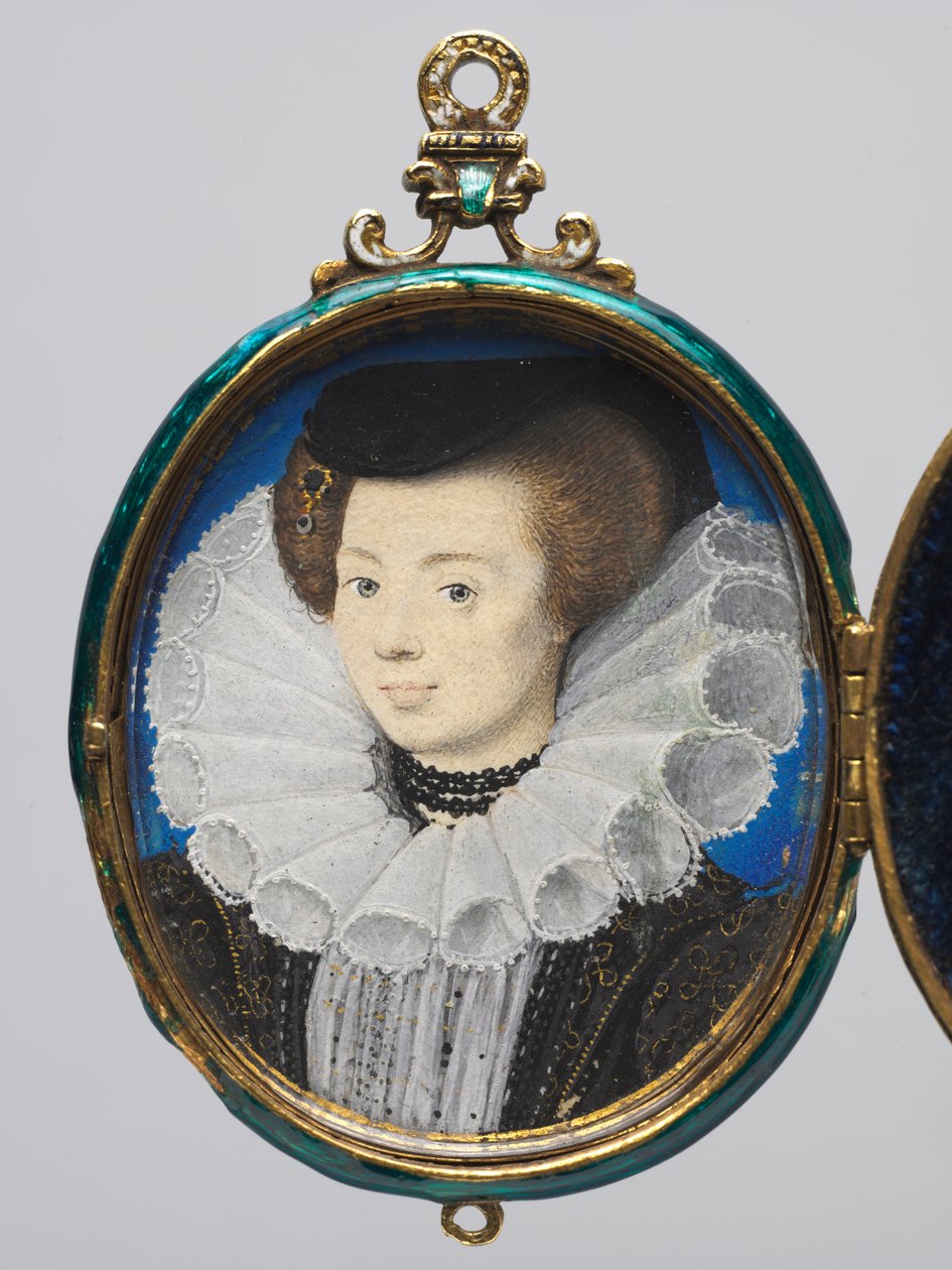 Portrait of a Woman, ca. 1593 (akvarell på vellum i en medaljongramme i gull og emalje) av Nicholas Hilliard