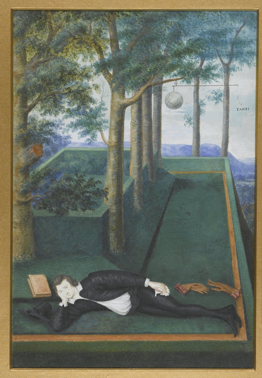 Portrett av en liggende adelsmann i en gjengrodd domstol; Portrett av Henry Percy, 9. jarl av Northumberland av Nicholas Hilliard