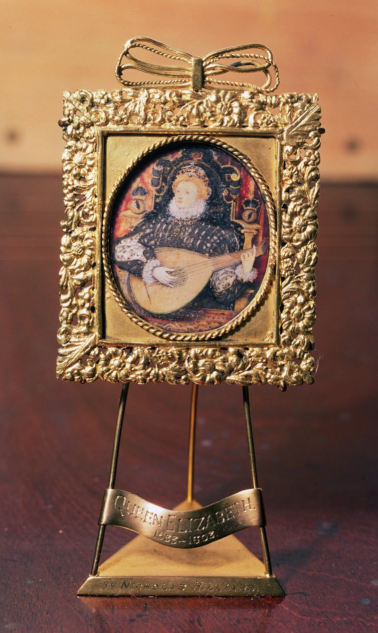 Dronning Elizabeth I spiller lut (miniatyr inkludert messingstativ) (se også 75751) av Nicholas Hilliard
