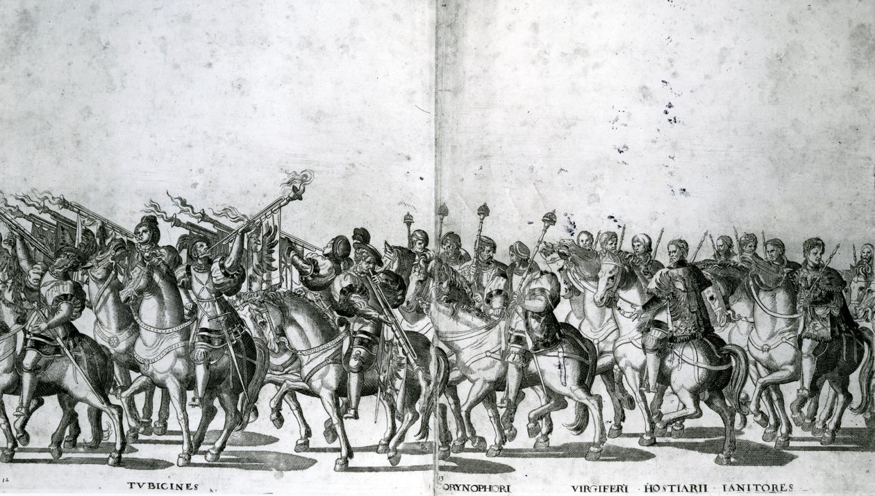 Plate 12 og 13 av pave Clemens VII og keiser Karl Vs inntog i Bologna 24. februar 1530, publisert ca. 1530 av Nicholas Hogenberg