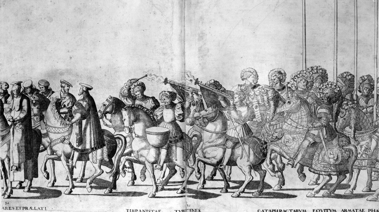 Plate 30 og 31 av pave Clemens VIIs og keiser Karl Vs inntog i Bologna 24. februar 1530, publisert ca. 1530 av Nicholas Hogenberg