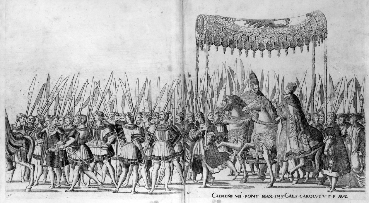 Pave Clemens VIIs og keiser Karl Vs inntog i Bologna 24. februar 1530, plate 27, ca. 1530 av Nicholas Hogenberg