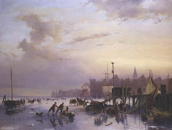 Et vinterelvelandskap med mange skatere av Nicholas Jan Roosenboom