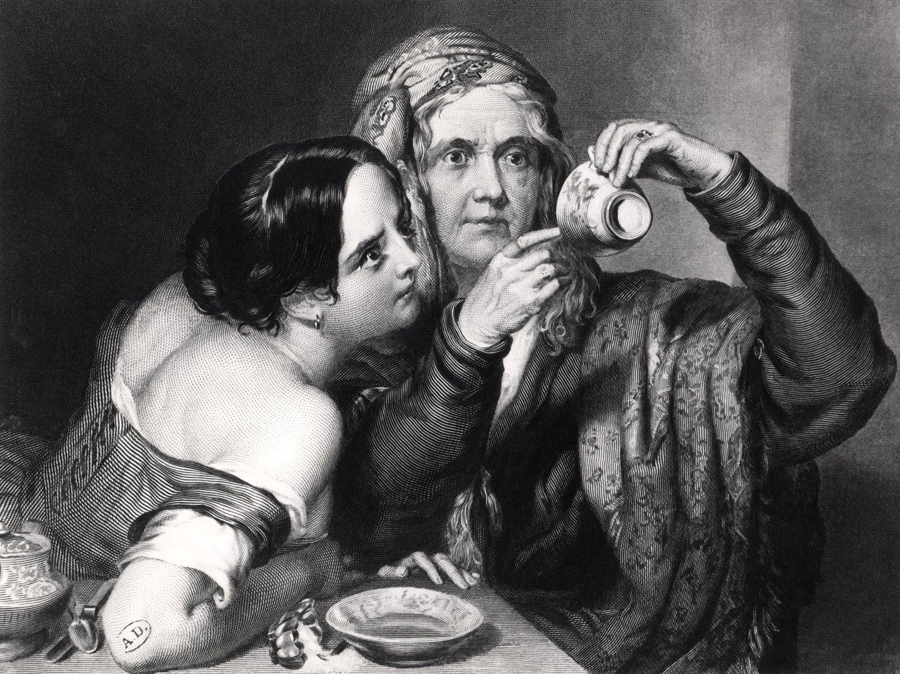 Forutsi fremtiden fra å lese kaffegrut, gravert av Charles William Sharpe (1818-99) av Nicholas Joseph Crowley