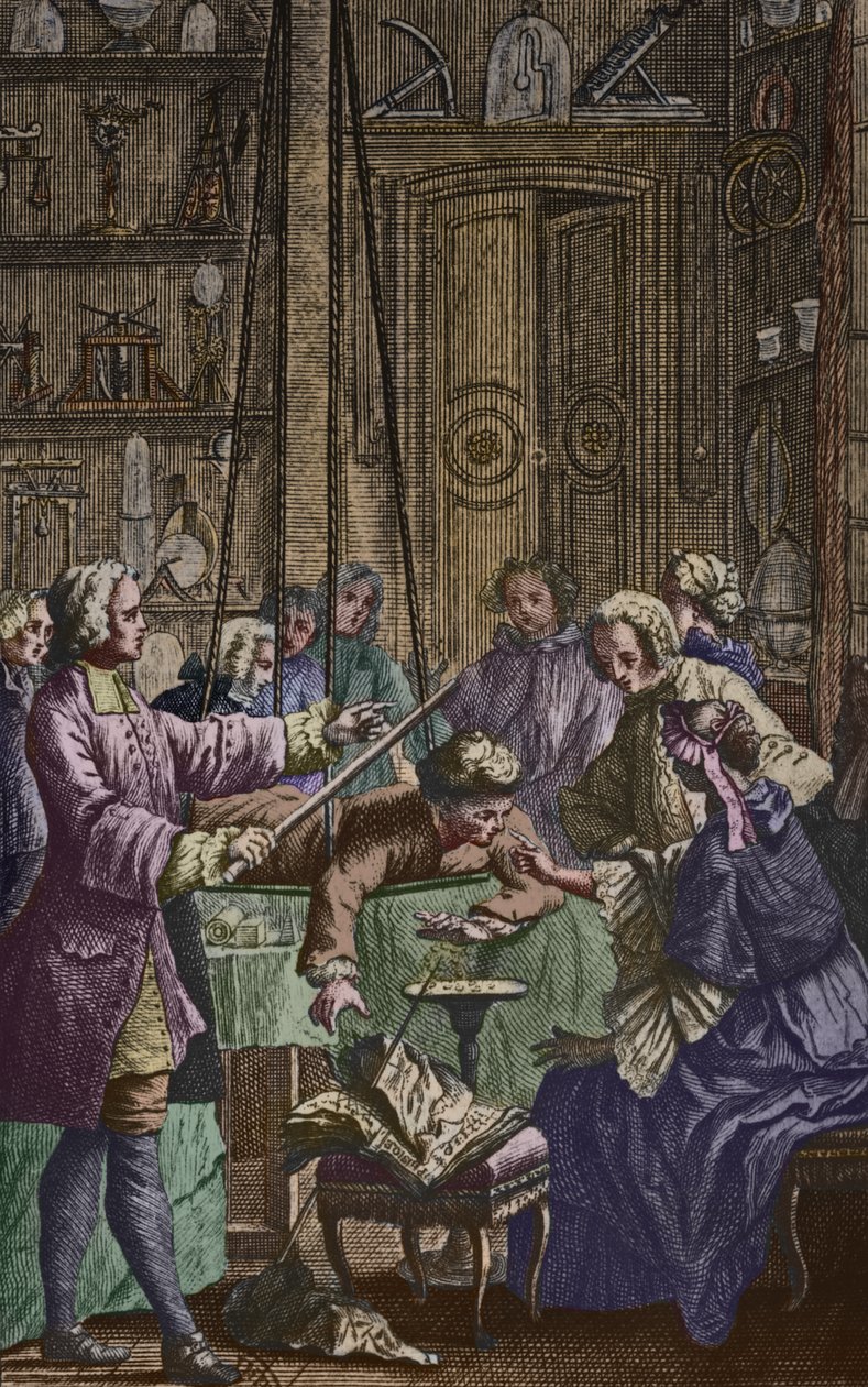 Elektrisk eksperiment laget på en mann av Abbe Jean Antoine Nollet (1700-70) i et fysikerskap, frontispice-illustrasjon fra Essai sur lelectricite des corps av Nollet, utgitt 1746, gravert av av Nicholas Lesueur
