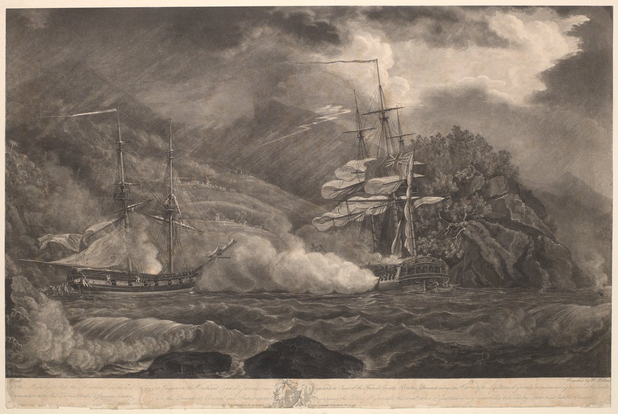 Hans Majestets skip «Mermaid» gikk på grunn den 10. oktober 1795 ved Requin, Grenada, i jakten på den franske korvetten «Brutus» for å forhindre landing. Ammunisjon av Nicholas Pocock