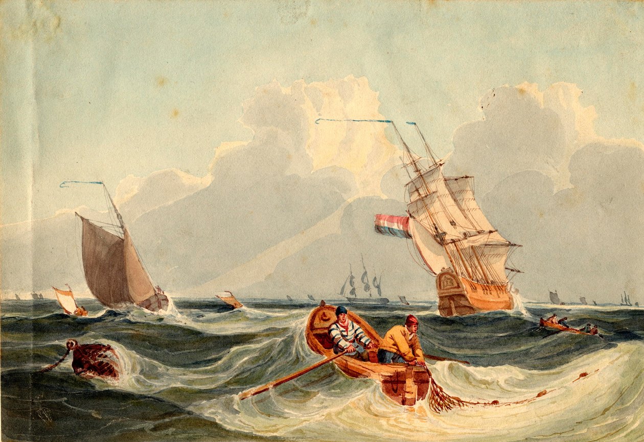 Seascape with Shipping (blyant og akvarell på papir) av Nicholas Pocock