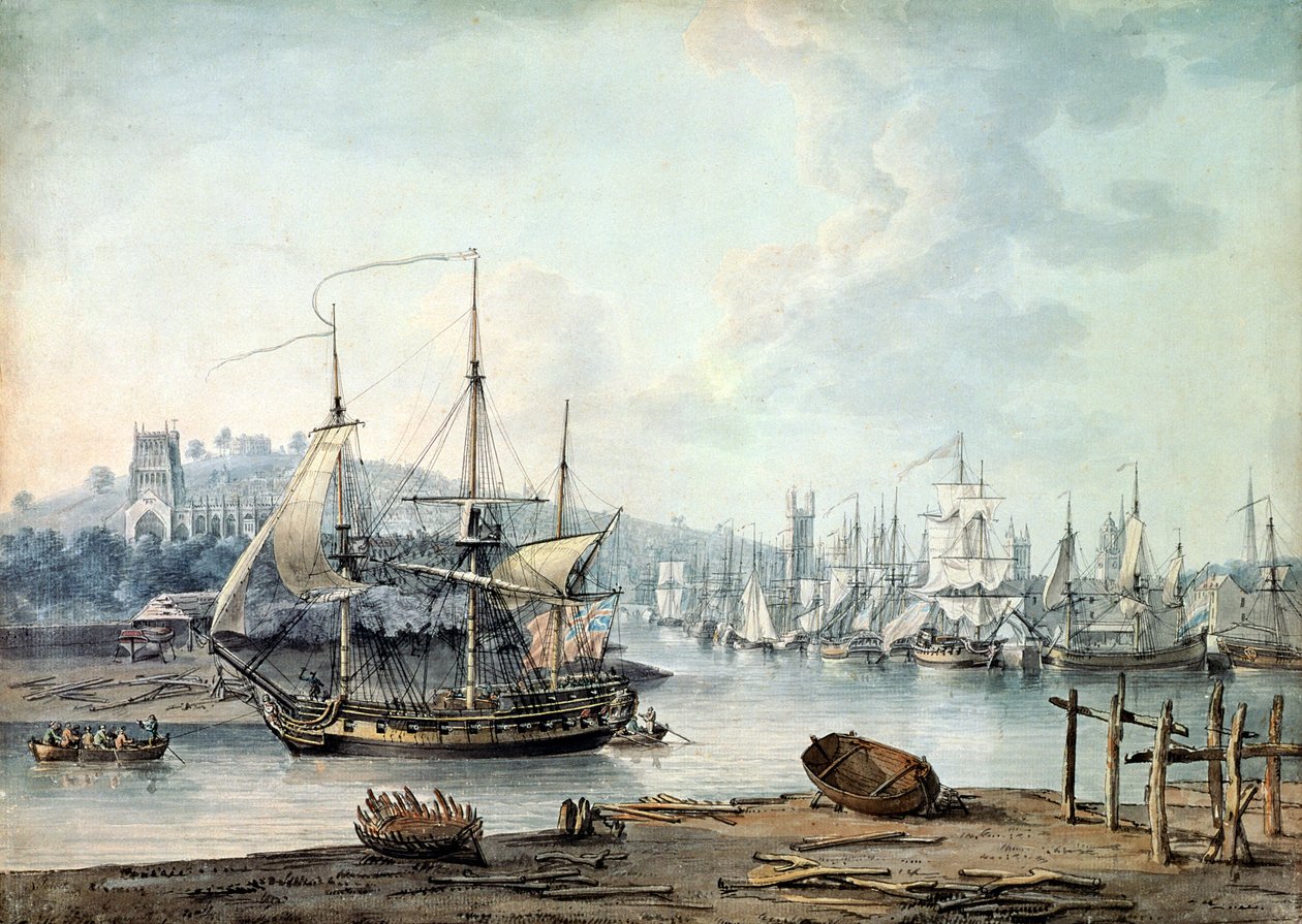 Tauing av et krigsskip ut av Bristol Harbor av Nicholas Pocock
