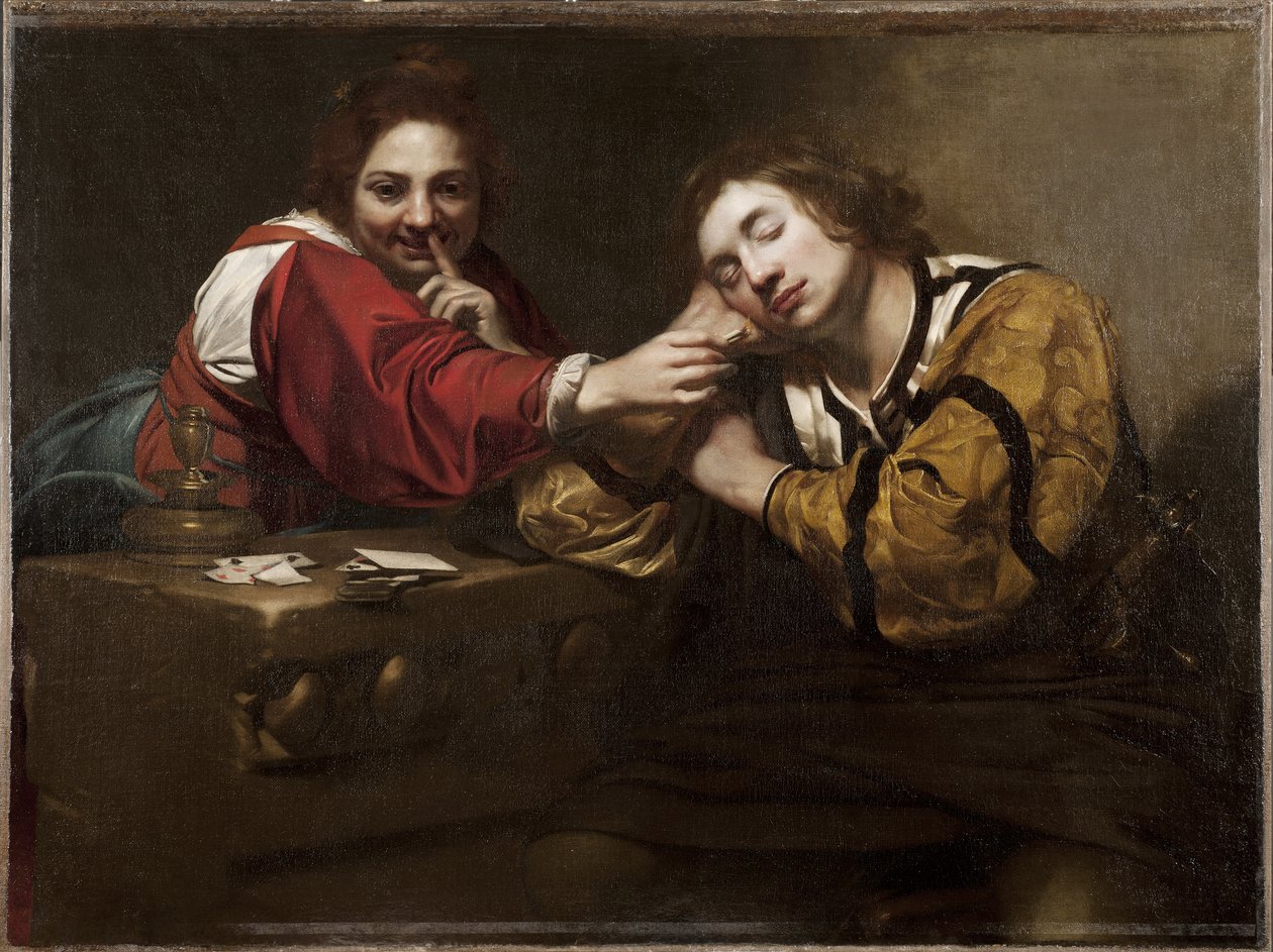 Fortune Taling Scene (Sleeper Awakened by a Young Woman), av Renieri, Niccolo (Nicolas Regnier) (ca. 1590-1667). olje på lerret av Nicholas Renieri