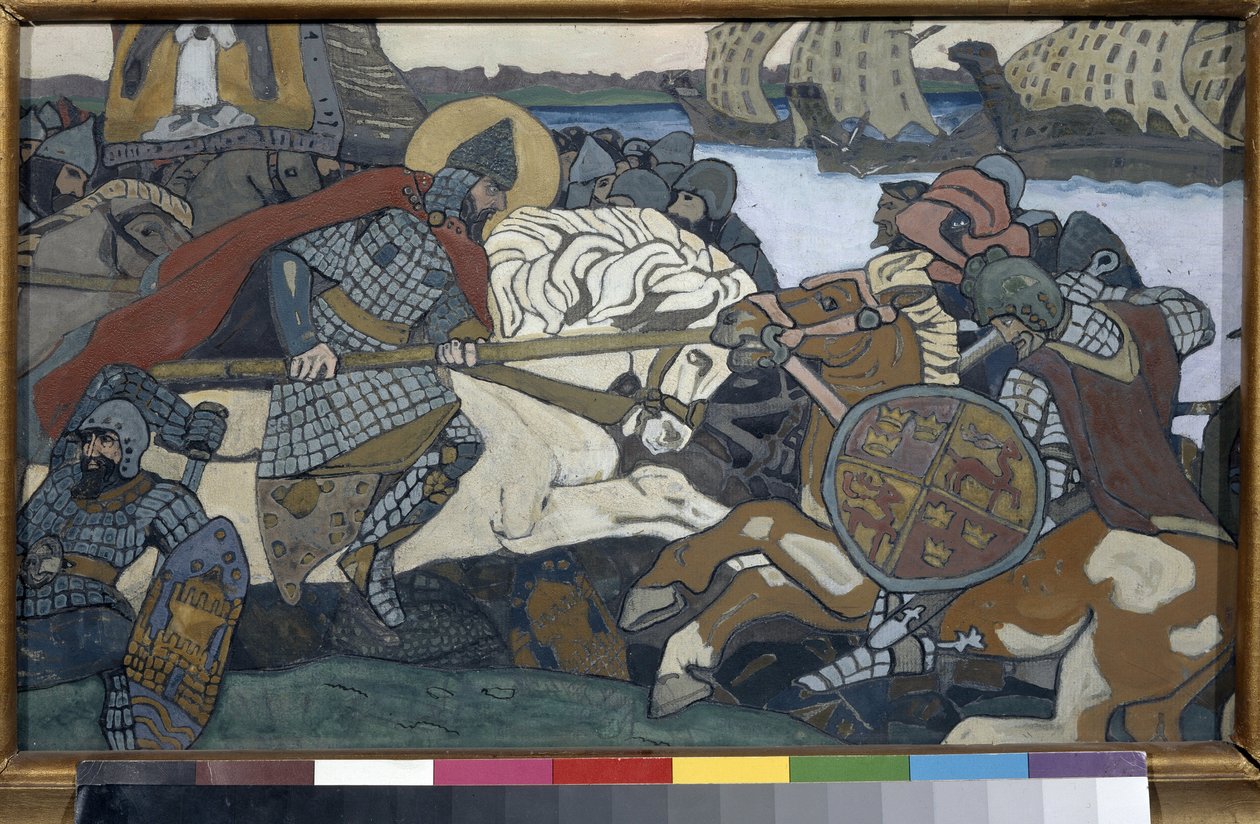 Alexander Nevsky (1220-1263) slår Birger Jarl (1210-1266) (eller Birger Magnusson av Bjalbo). Episode av slaget ved Neva (1240). Verk av Nicolas Roerich (1874-1947), gouache på papp av Nicholas Roerich