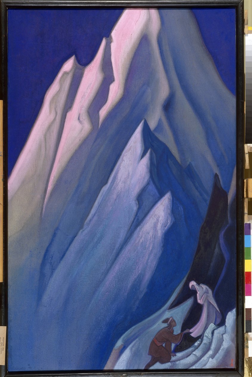 Hun som leder. I Himalaya-fjellene berører en knelende mann bunnen av en kvinnes kappe, buddhistisk spiritualitet. Verk av Nicholas Roerich (1874-1947), tempera på lerret av Nicholas Roerich