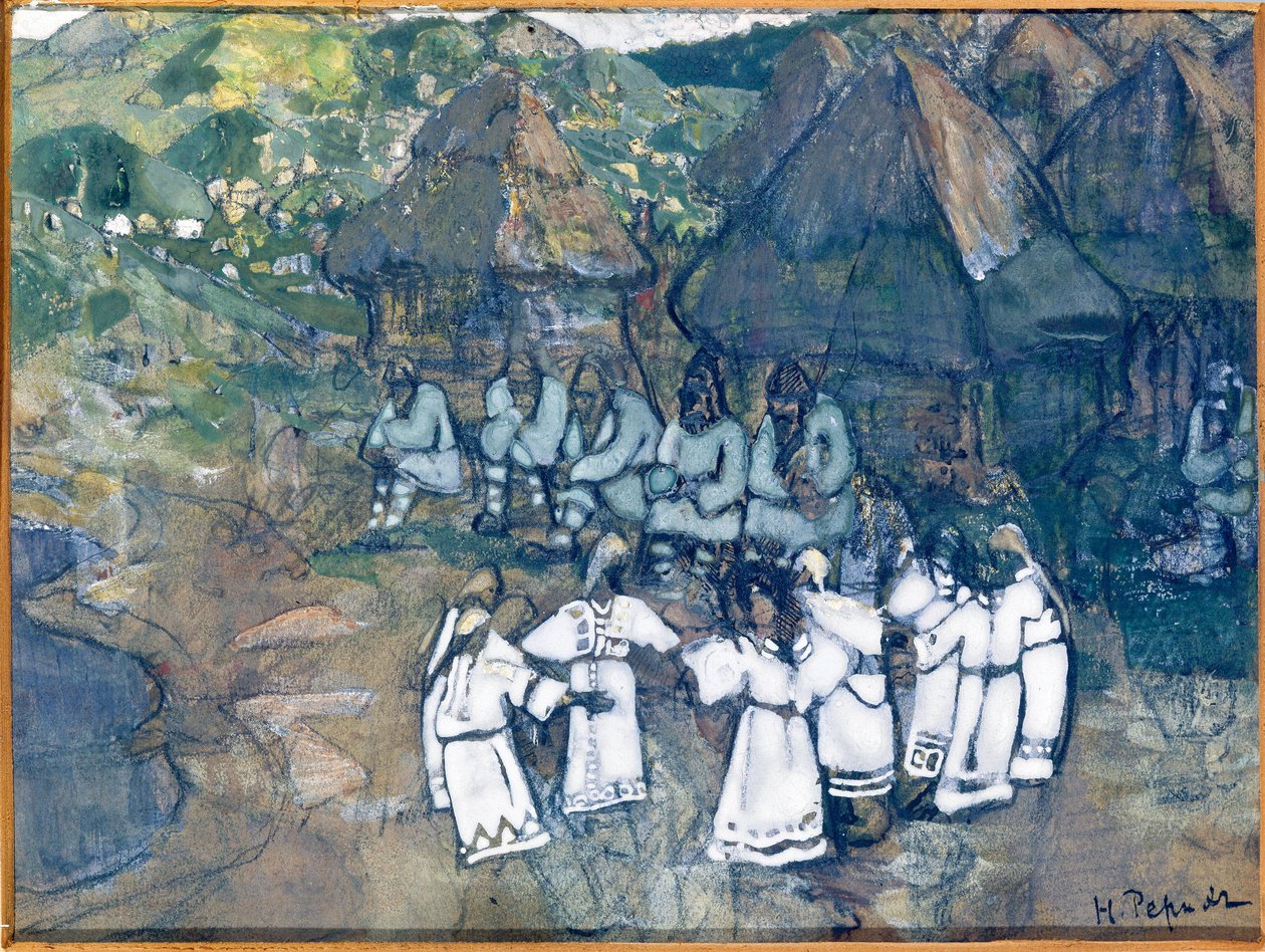 Sirkeldans (rund). Verk av Nicolas (Nicholas) Roerich (1874-1947), akvarell og gouache på papir, rundt 1900-1910. russisk kunst, 1900-tallet, symbolikk; Statens M. Nesterov kunstmuseum i Basjkortostan, Ufa (Russland). av Nicholas Roerich