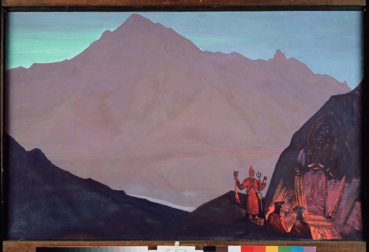 Chenrezig (Bodhidattva av medfølelse dedikert til Dalai Lama, eller Avalokiteshvara). Vest-Tibet i Himalaya. (Buddhistiske munker hyller dens representasjon gravert på veggen til Himalaya-fjellet). Maleri av Nicolas (Nicholas) Roeri av Nicholas Roerich