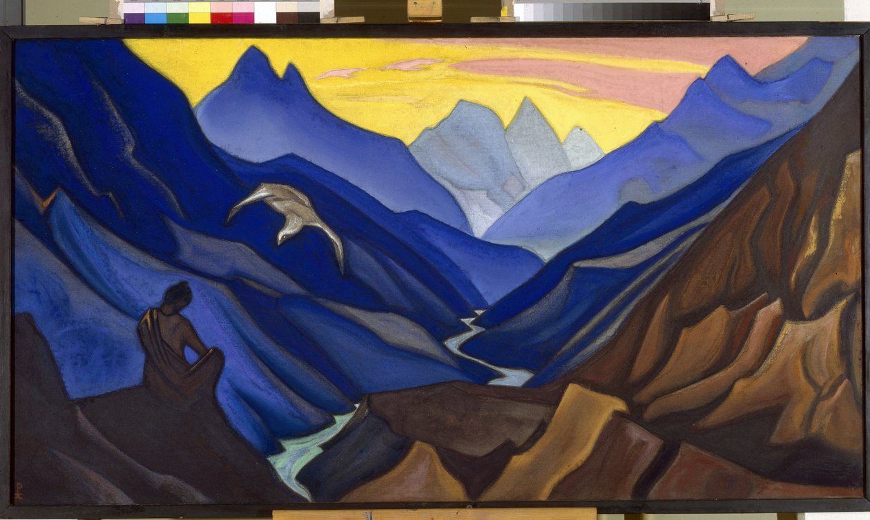 Mesterens kommandoer. (Mesterens kommando). En mann, som sitter i meditasjon i et fjellandskap i Tibet, blir svevet over av en stor hvit fugl, buddhistisk spiritualitet. Verk av Nicholas Roerich (1874-1947), tempera på lerret av Nicholas Roerich