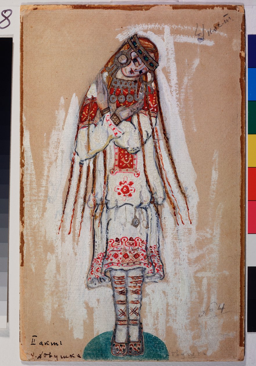 Kostyme for en kvinnelig karakter fra balletten ""The Rite of Spring"" av Igor Stravinsky (1882-1971). Verk av Nicolas (Nicholas) Roerich (1874-1947), gouache på papp av Nicholas Roerich