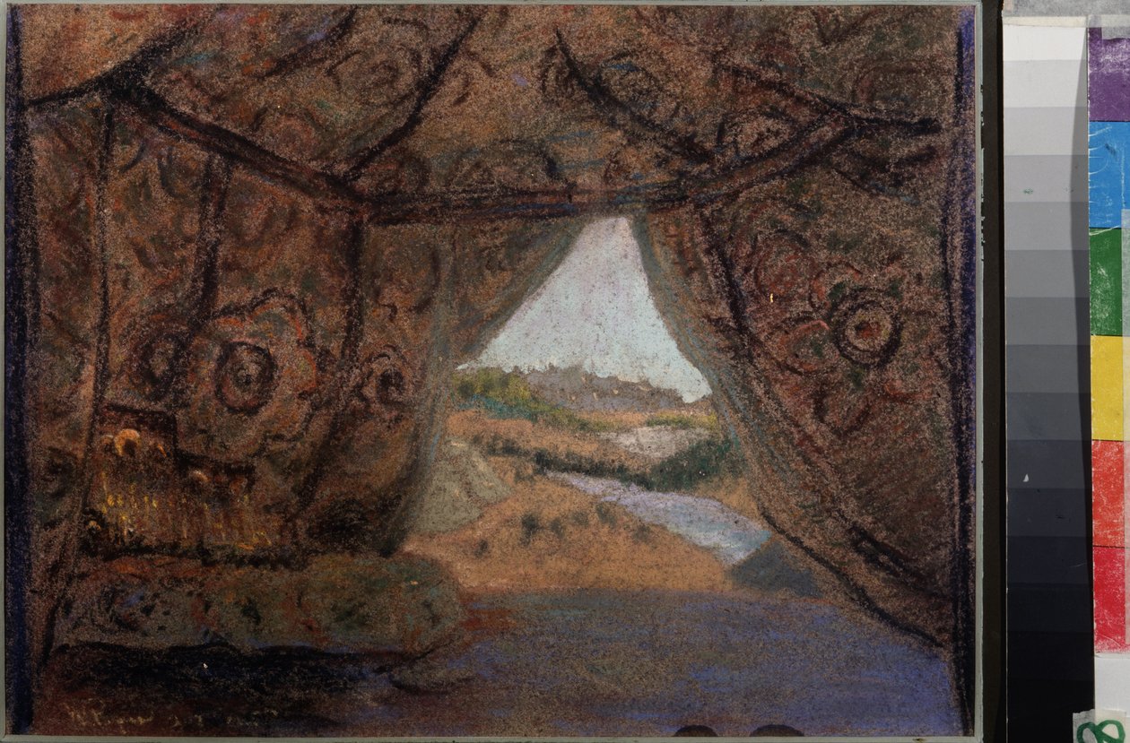 Forberedende sett til operaen La Pskovitaine (Jomfruen av Pskov) av Nicholas (Nikolai) Rimsky Korsakov (1844-1908). Verk av Nicholas Roerich (1874-1947), pastell på papp av Nicholas Roerich