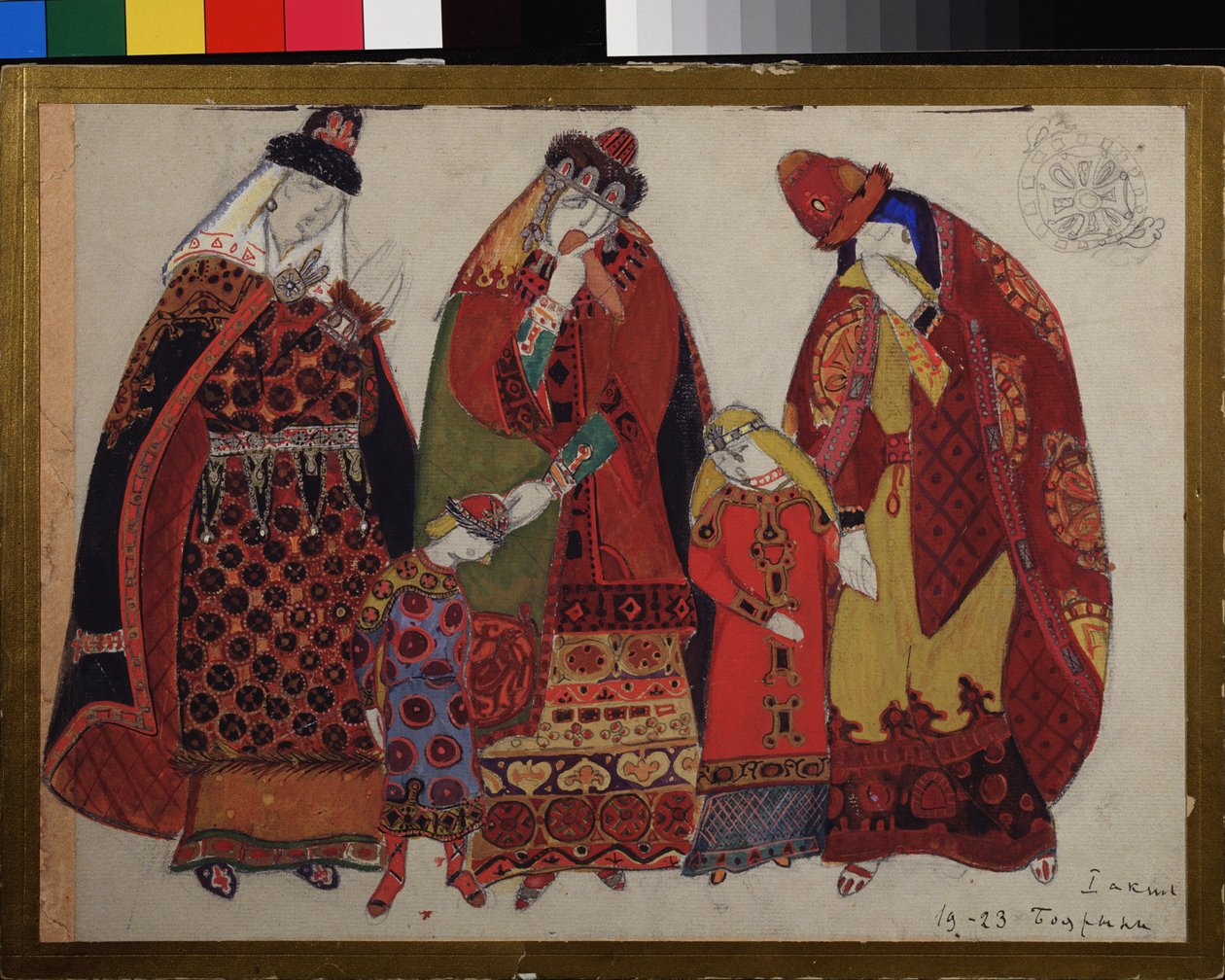 Kvinner og barn. Kostymeprosjekter for operaen Prince Igor av Alexandre Borodin (Borodin) (1833-1887). Verk av Nicholas Roerich (1874-1947), blyant, gouache og blekk på papir av Nicholas Roerich