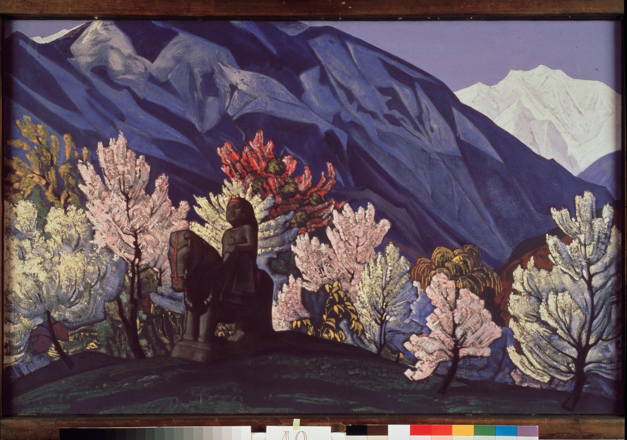 Guga Chohan. Kulu Valley (India). (Rytterstatue blant blomstrende trær i Himalaya). Maleri av Nicolas (Nicholas) Roerich (1874-1947), tempera på lerret av Nicholas Roerich