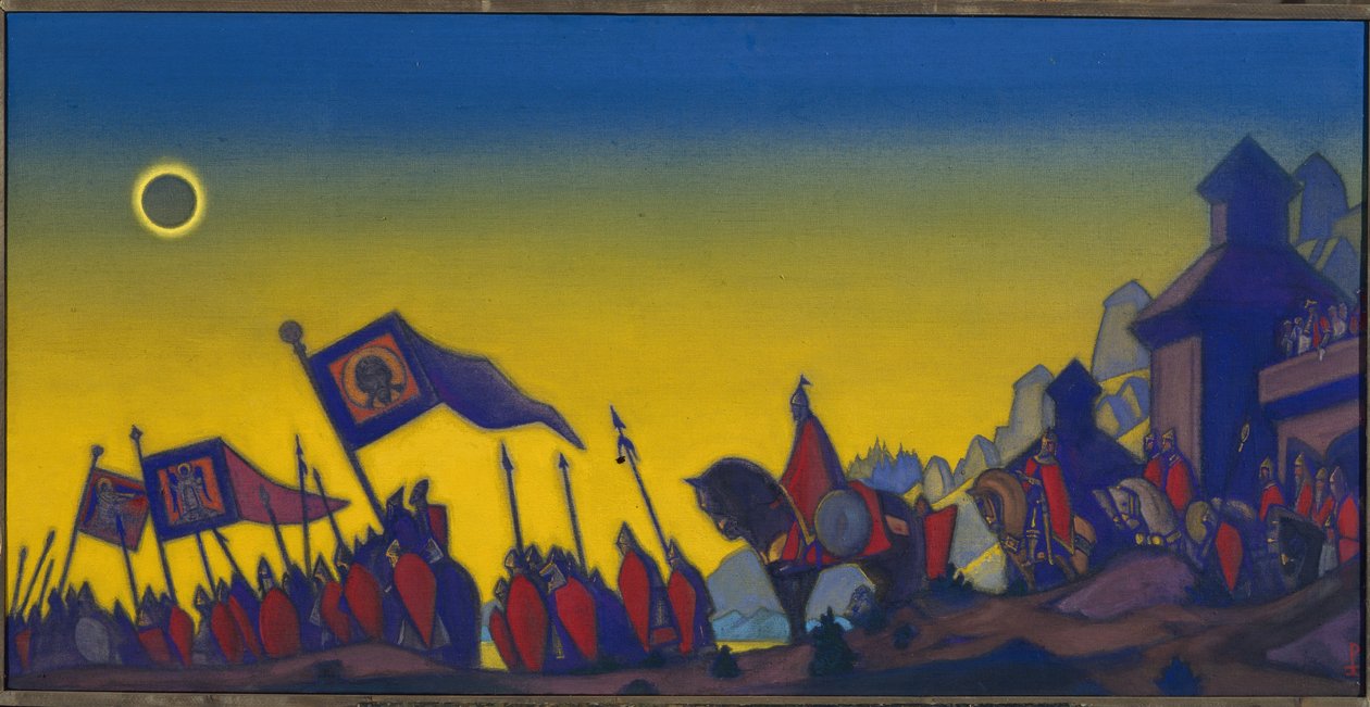Igors kampanje. Inspirert av slavisk litteratur fra 1100-tallet, episk dikt basert på militærfakta til prins Igor Sviatoslavitch, kjent som de modige (1151-1201 eller 1202). Verk av Nicolas Roerich (1874-1947), tempera på lerret av Nicholas Roerich