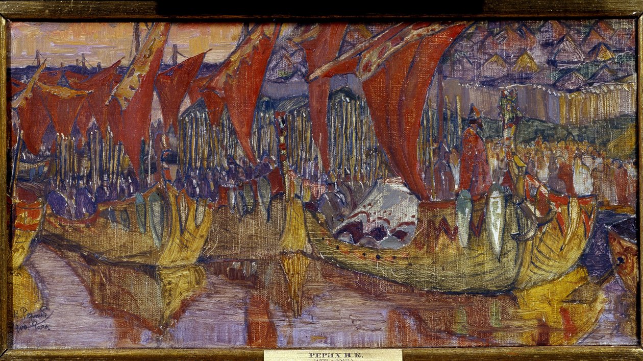 Kampanjen til Chersonessos av Vladimir den store (eller Helgenen, eller den røde solen, Vladimir I Sviatoslavitch fra Kiev, 958-1015). De røde seilene. Maleri av Nicolas Roerich (1874-1947), olje på lerret av Nicholas Roerich