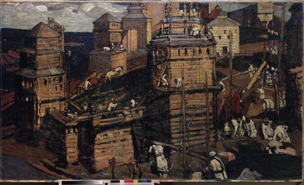 Bygge en by. (Bygge en by). (for et bygdesamfunn i Ukraina). Maleri av Nicholas Roerich (1874-1947), olje på lerret av Nicholas Roerich