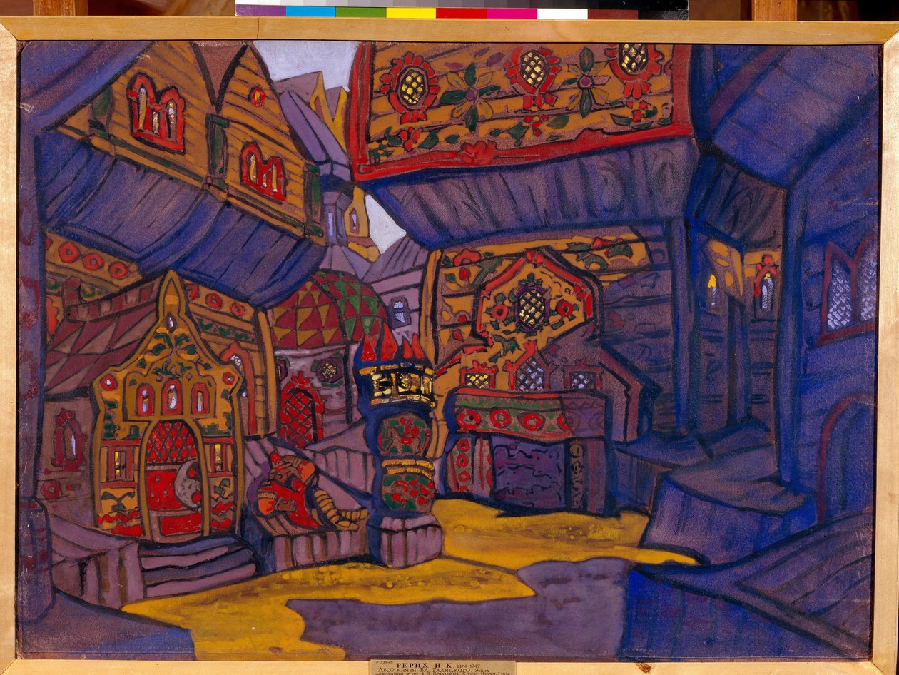 Hoffet til prins Vladimir Galitsky. Dekor for operaen ""Prins Igor"" av Alexandre Borodin (Borodin) (1833-1887). Verk av Nicolas (Nicholas) Roerich (1874-1947), gouache og tempera på papir av Nicholas Roerich